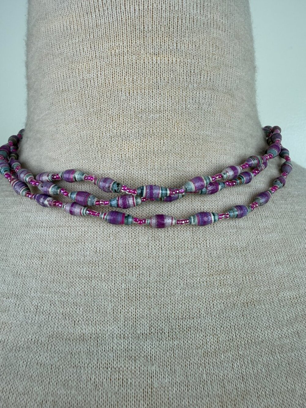 Bead For Life Purple Paper Bead Necklace Handmade 3-Strand 17"